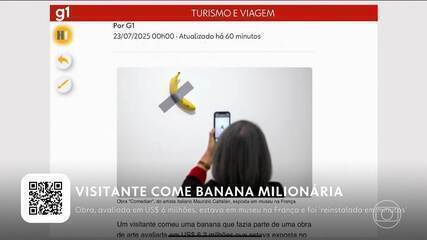 8ucom Visitante come banana de obra de arte avaliada em US$ 6 milhões em museu na França
