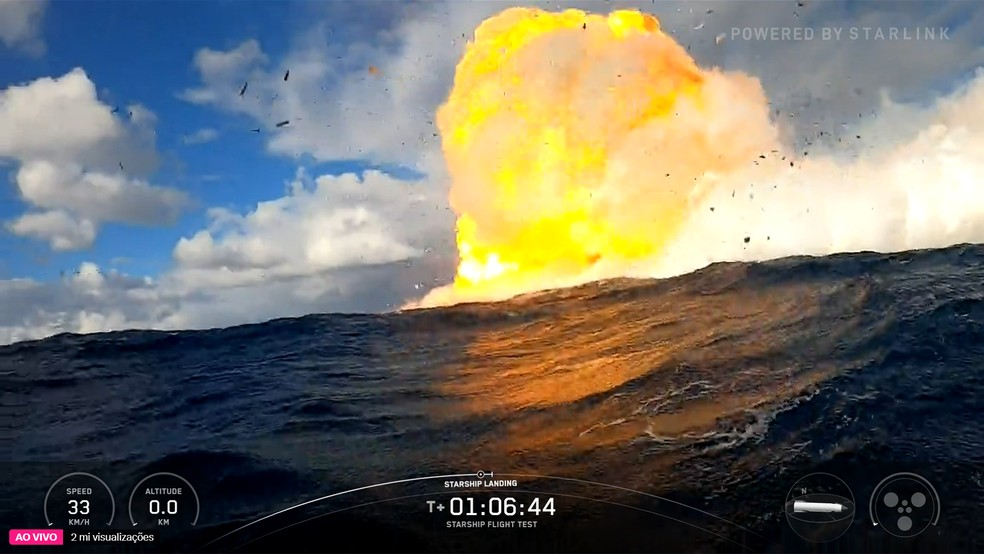 Starship ficou coberta por chamas após tocar o Oceano Índico — Foto: Reprodução/SpaceX