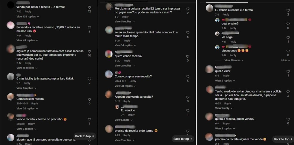 No TikTok， a divulgação é feita pelos comentários. — Foto: g1