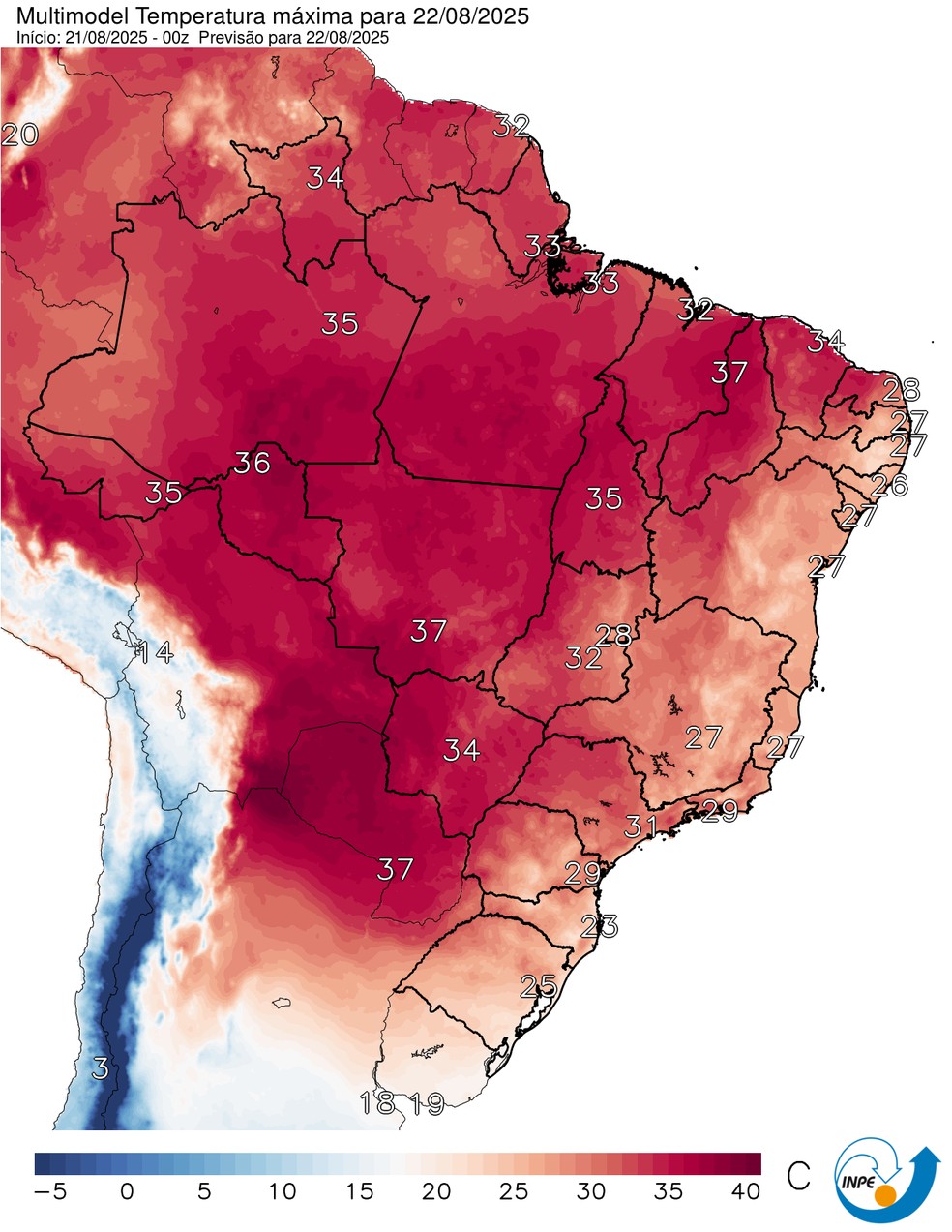 Mapa mostra previsão de temperatura máxima para esta sexta (22). — Foto: CPTEC/Inpe