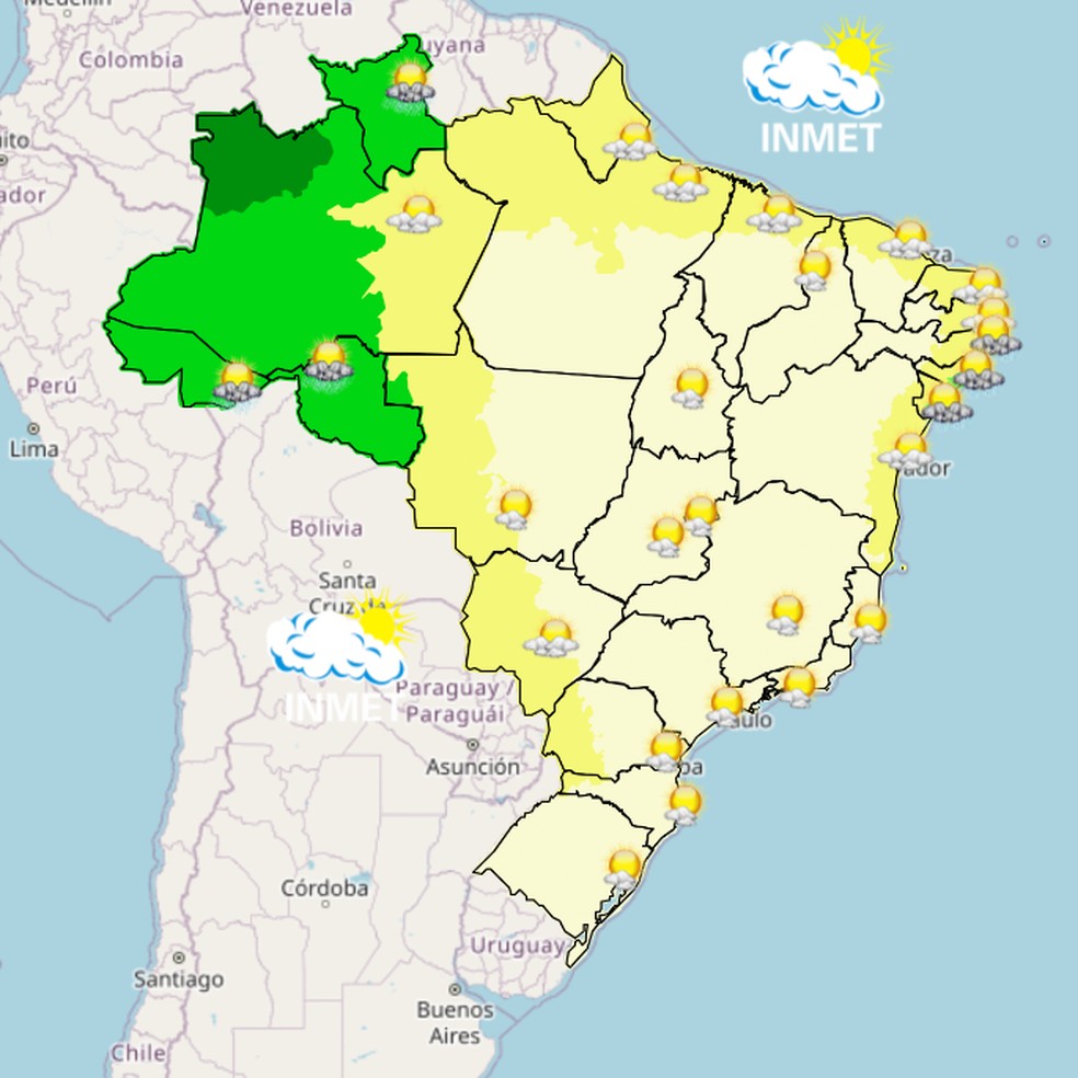 Mapa mostra previsão de chuva para esta sexta (22) em todo o Brasil. — Foto: Inmet/Reprodução
