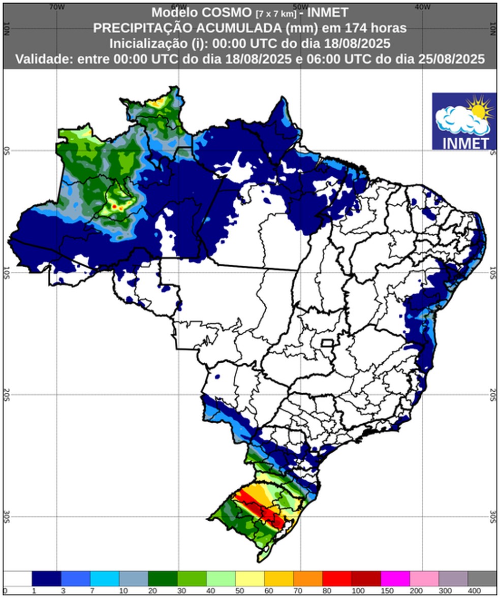 Previsão de chuva acumulada (18 de agosto a 25 de agosto de 2025). — Foto: Inmet/Reprodução