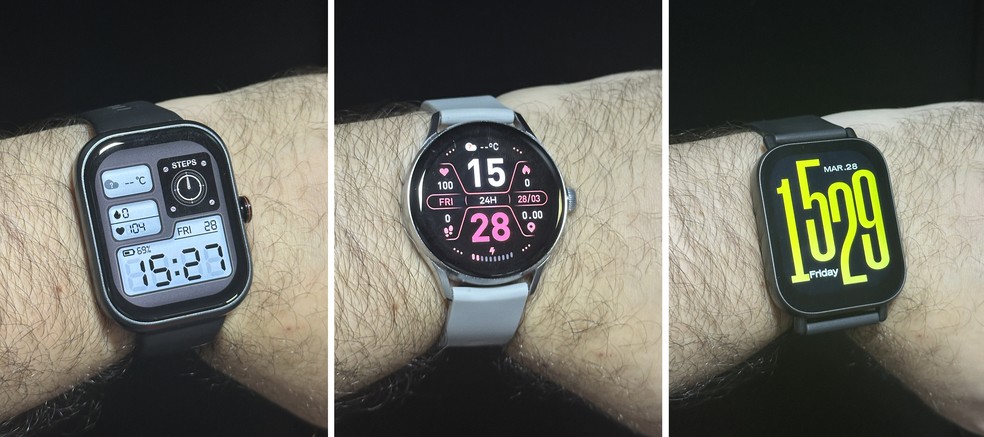 Honor Choice Haylou Watch， QCY S11 Elite e Redmi Watch 5 Active no pulso — Foto: Henrique Martin/g1