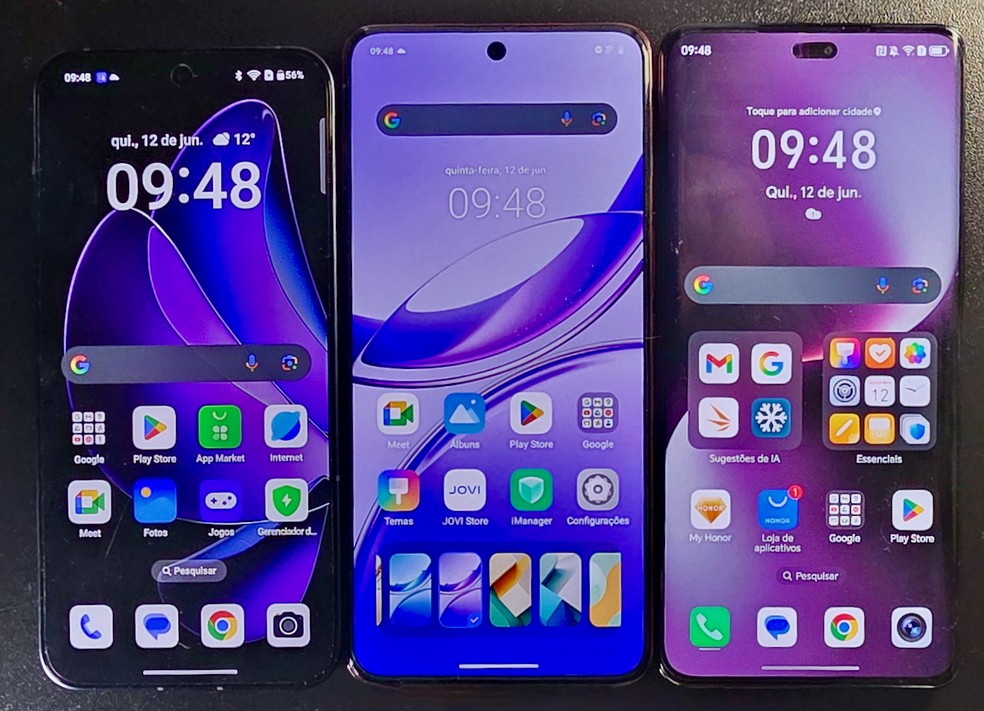 Oppo Reno 13， Jovi V50 e Honor Magic7 Lite vistos de frente — Foto: Henrique Martin/g1
