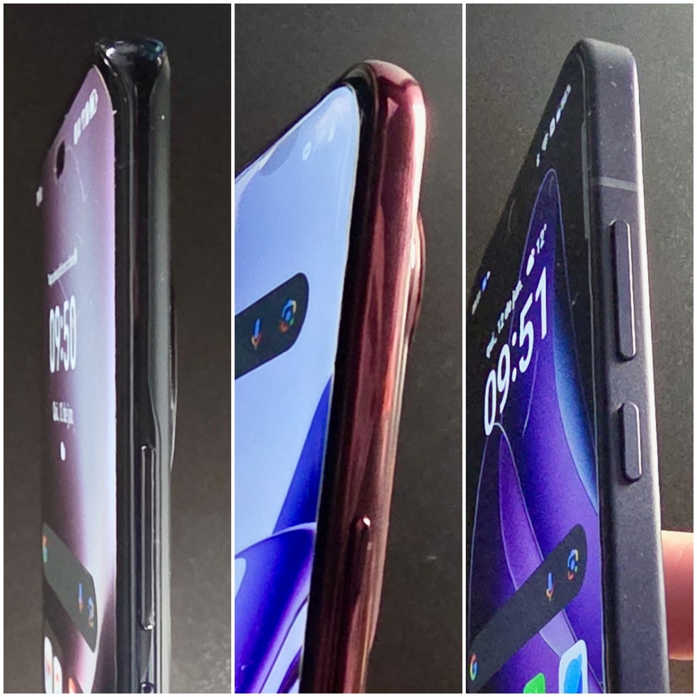 Honor Magic7 Lite， Jovi V50 e Oppo Reno 13: os dois primeiros têm as telas curvadas， o último é plano — Foto: Henrique Martin/g1