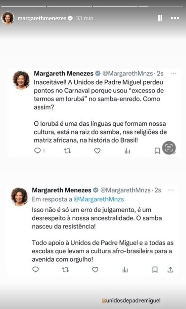 8u Ministra da Cultura critica perda de ponto da UPM por &#39;excesso de termos em Iorubá&#39;: &#39;Desrespeito à nossa ancestralidade&#39;