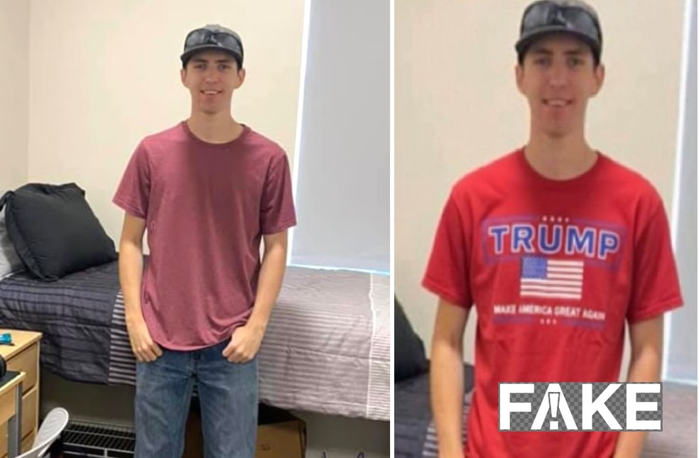 Na versão verdadeira (à esquerda)， divulgada por jornais americanos， a camiseta do jovem não nenhuma estampa — Foto: Reprodução