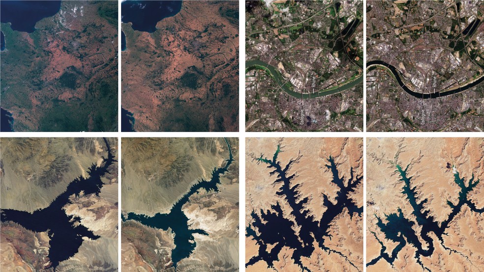 Imagem mostra antes e depois da seca ao redor do mundo em 2022. Da esquerda para a direita， de cima para baixo: Território francês， Rio Reno， Alemanha， Lago Mead e Lago Powell， ambos nos EUA. — Foto: Copernicus/ESA/Nasa