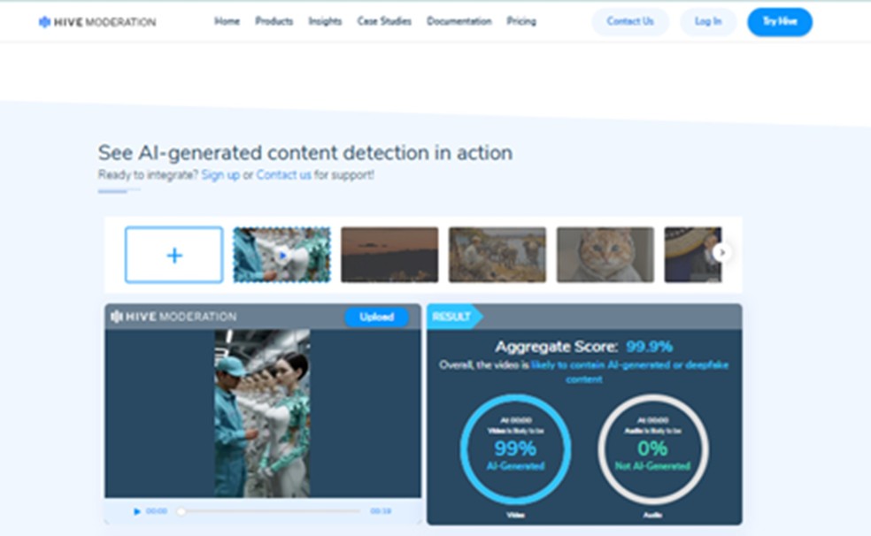 O Fato ou Fake submeteu o vídeo ao detector Hive Moderation， que aponta probabilidade de 99% de as imagens terem sido produzidas com inteligência artificial. — Foto: Reprodução